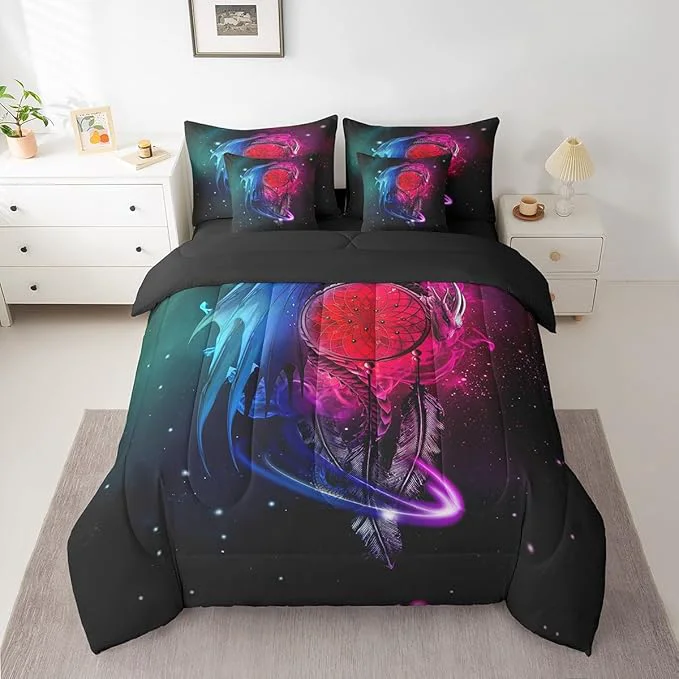 Recyclable Erosebridal Gothic Dragon Dream Catchers 7 Piece Comforter Set Full Bed in a Bag Purple Blue Galaxy Bohemian Feather Bedding Sets Antique Animal Pterosaur Sheet Set with Comforter High-Performance