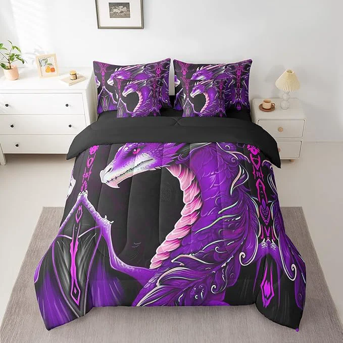Trendy Erosebridal 3D Dragon Comforter Set 7 Piece Bed in a Bag Twin Vintage Gothic Purple Dragon Bedding Sets Antique Wildlife Mythical Animal Sheet Set with Comforter Efficient