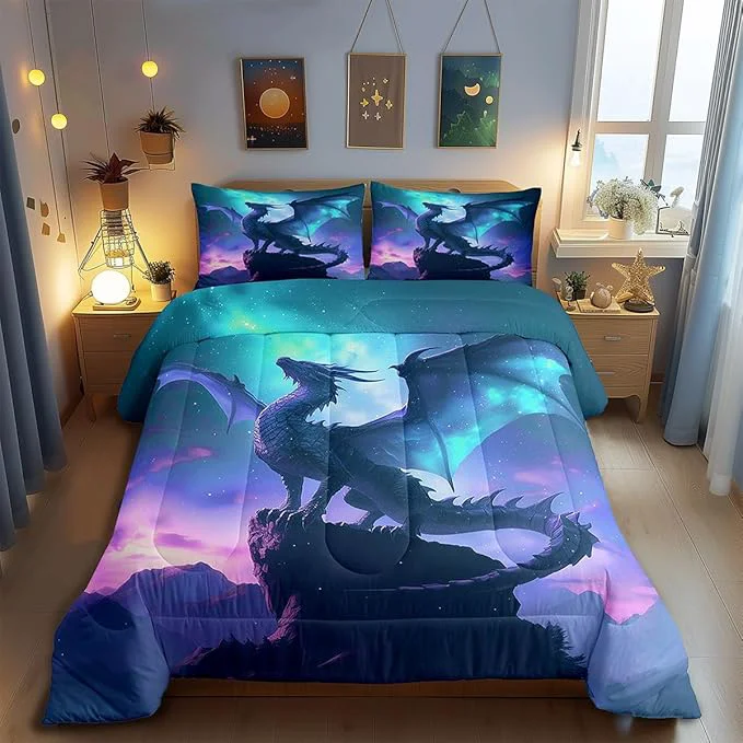 Functional Dragon Comforter Set Full Size Mountain Wildlife Nature Duvet Insert 3Pcs Blue Purple Nebula Galaxy Bedding Set for Kids Boys Girls Room Decor Western al Dragon Soft Quilt Set 2 Pillowcases Classic