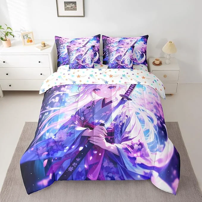 Easy-to-Use Erosebridal 7 Piece Anime Girl Twin Comforter Sets for Kids Kawaii Japanese Anime Bedding Set Cartoon Girl Bed in A Bag Sci Fi Style Japanese Animation Sheet Set for Kids Girls Teens Bedroom Convenient