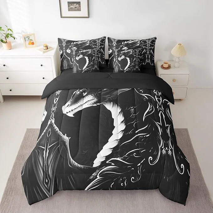 Enhanced Erosebridal 3D Dragon Comforter Set 7 Piece Bed in a Bag Twin Vintage Gothic White Black Dragon Bedding Sets Antique Wildlife Mythical Animal Sheet Set with Comforter Fine