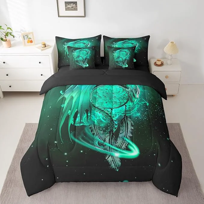 Outstanding Erosebridal Gothic Dragon Dream Catchers Comforter Set 7 Piece Bed in a Bag Twin Teal Galaxy Bohemian Feather Bedding Sets Antique Animal Pterosaur Sheet Set with Comforter Superior
