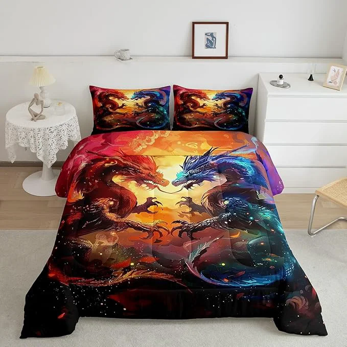 Reusable Feelyou Dragon Comforter Set Twin Size Western Dragon Comforter for Boys Girls Teens Wildlife Bedding Set Wild Animal Duvet Set Room Decor Dark Orange Quilt Set Carefully Designed