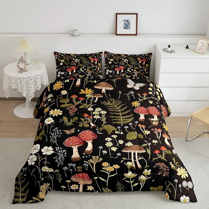 Stylish Feelyou Mushroom Comforter Set Toddler Size Boho Comforter Western Decor Bedding Set Southwest Native American Design Duvet Set Room Decor Bronze Black Quilt Set World-Class
