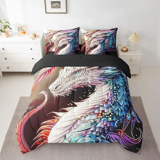Versatile Erosebridal Colourful Dragon Bed in a Bag King Size Comforter Set 7 Pieces Gothic Artistic Mythical Animal Bedding Sets Antique Wildlife Sheet Set with Comforter Artisan