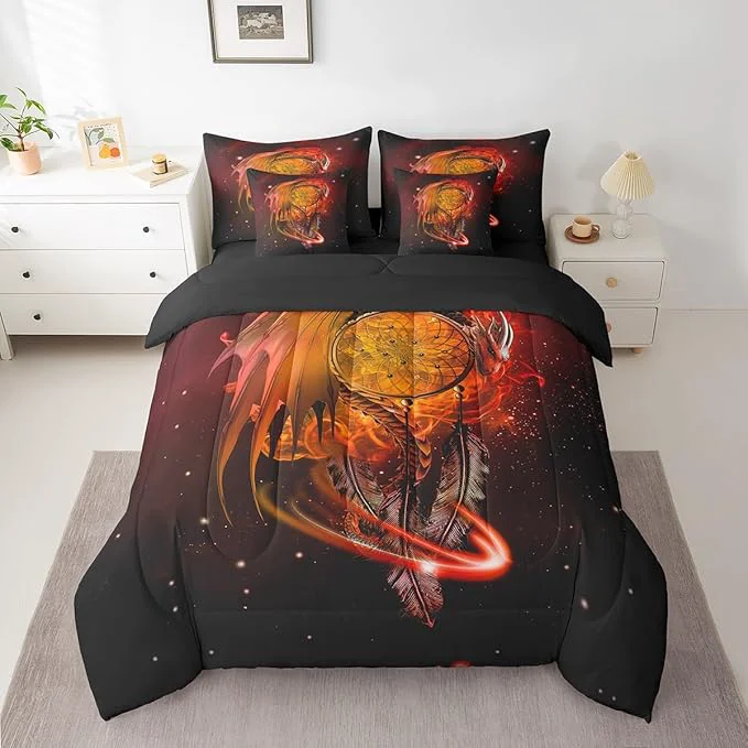 Official Erosebridal Gothic Dragon Dream Catchers 7 Piece Comforter Set Full Bed in a Bag Orange Galaxy Bohemian Feather Bedding Sets Antique Animal Pterosaur Sheet Set with Comforter Consistent