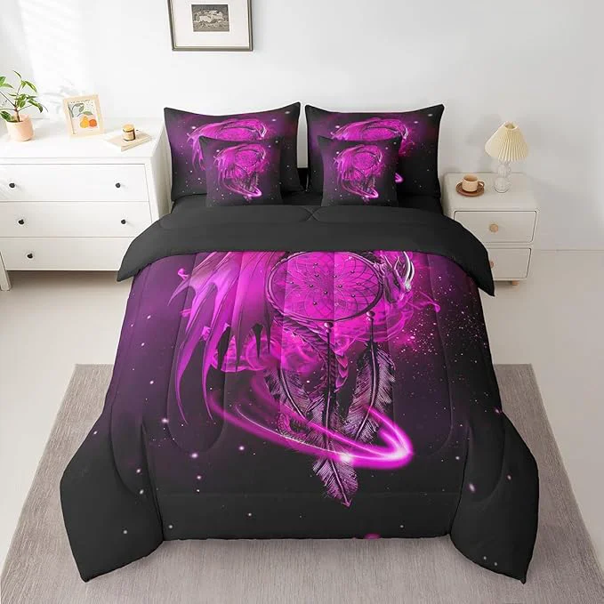 Smooth Erosebridal Gothic Dragon Dream Catchers Comforter Set 7 Piece Bed in a Bag Twin Peach Fuchsia Galaxy Bohemian Feather Bedding Sets Antique Animal Pterosaur Sheet Set with Comforter Comfortable