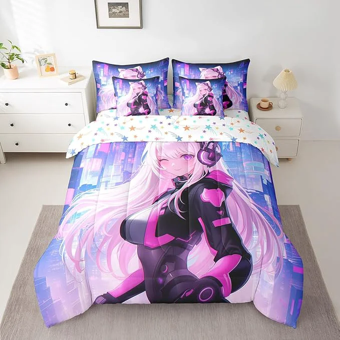 Contemporary Erosebridal Twin Anime Girl Bedding Set 7 Piece Kawaii Japanese Anime Comforter Sets Cartoon Girl Sheet Set Sci Fi Style Japanese Animation Bed in A Bag for Kids Girls Teens Adult Women Room Verified