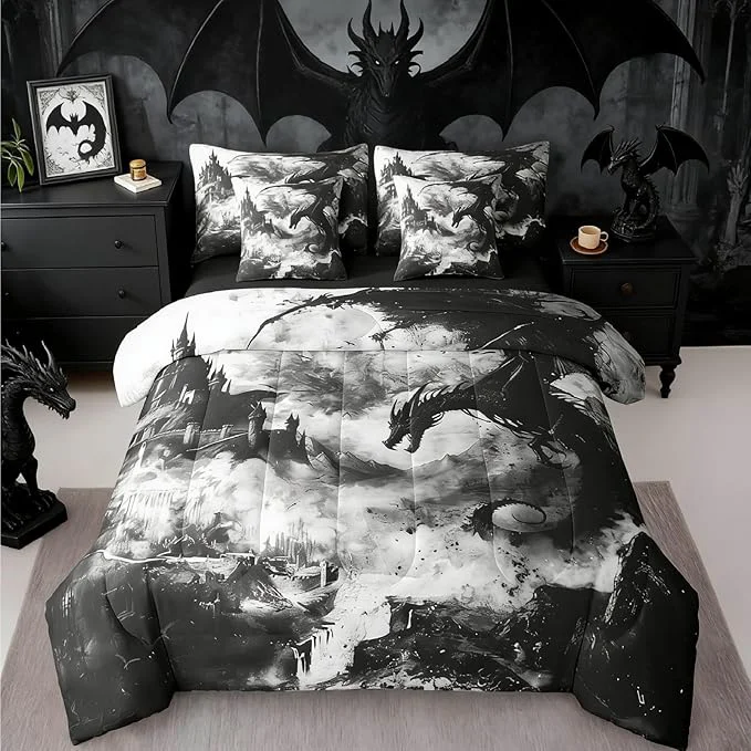 Flexible Erosebridal Gothic Dragon Bed in a Bag King Size Comforter Set 7 Pieces Black and White Vintage Fantasy Castle Bedding Sets Dark Sky Mythical Animal Sheet Set with Comforter Traditional