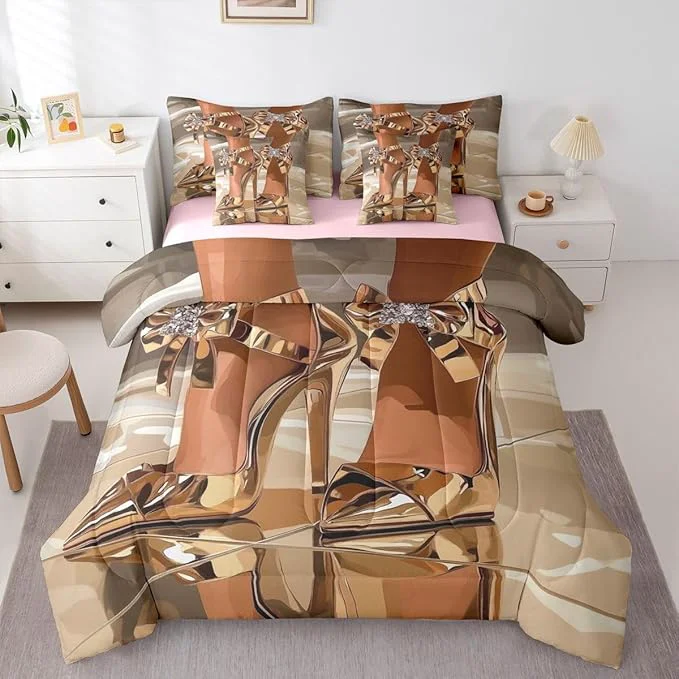 Outstanding Erosebridal High-Heels Girlish Girls 7 Piece Bedding Set Queen Size Romantic Fashion Comforter Sets Fashionable Gorgeous Sheet Set for Kids Children Women Bedroom Modern Minimalist Gold Bed in A Bag Traditional