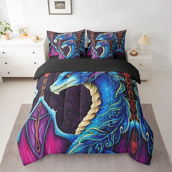 Modern Erosebridal 3D Dragon Comforter Set 7 Piece Bed in a Bag Twin Vintage Gothic Blue Dragon Bedding Sets Antique Wildlife Mythical Animal Sheet Set with Comforter Versatile