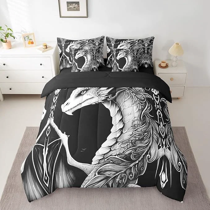 Selected Erosebridal 3D Dragon Bed in a Bag King Size Comforter Set 7 Pieces Vintage Gothic Black and White Dragon Bedding Sets Antique Wildlife Mythical Animal Sheet Set with Comforter Sustainable