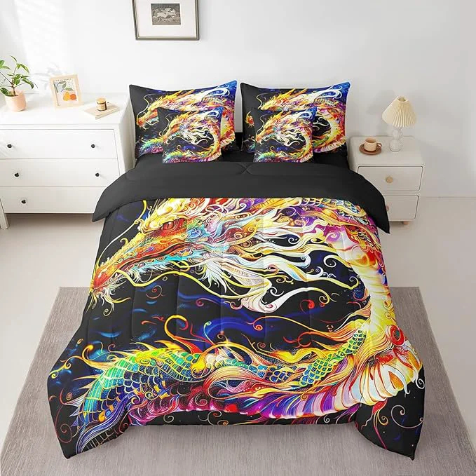 Refined Erosebridal 3D Dragon Comforter Set 7 Piece Bed in a Bag Twin Watercolor Dragon Scale Bedding Sets Antique Mythical Animal Gothic Sheet Set with Comforter Detailed