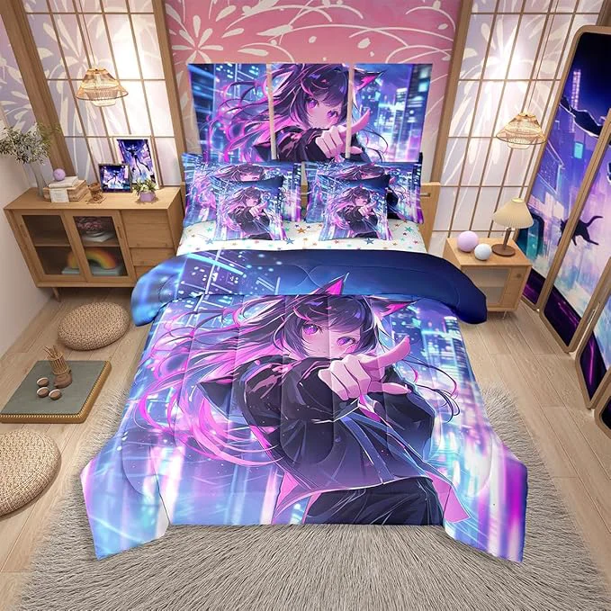 High-Grade Erosebridal Kids Anime Girl 7 Piece Comforter Set Twin Bed in A Bag Japanese Anime Bedding Sets Cartoon Girl Sheet Set with Comforter for Boys Teens Adult Kawaii Japanese Animation Bed Sets Superior