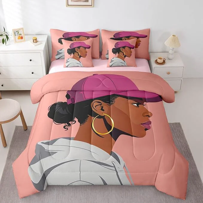 Breathable Black Girls Girls 7 Piece Bedding Set King Size Fashion Black Woman Comforter Sets Vogue Fashionable Gorgeous Sheet Set For Kids Children Women Bedroom Decor African Princess al Bed In A Bag Flexible