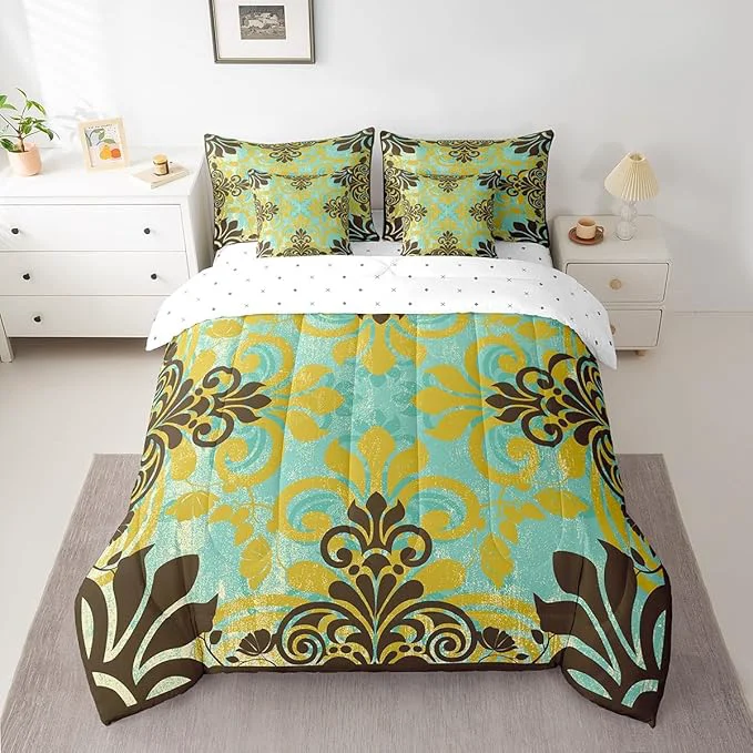 Verified Erosebridal Bohemian Damask Bed in a Bag King Size Comforter Set 7 Pieces Exotic Flowers Bedding Sets Antique Victorian Gothic Vintage Floral Sheet Set with Comforter Elite