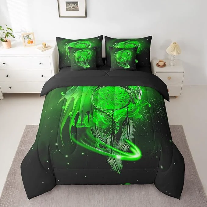 Advanced Erosebridal Gothic Dragon Dream Catchers 7 Piece Comforter Set Full Bed in a Bag Green Galaxy Bohemian Feather Bedding Sets Antique Animal Pterosaur Sheet Set with Comforter Environmentally Friendly