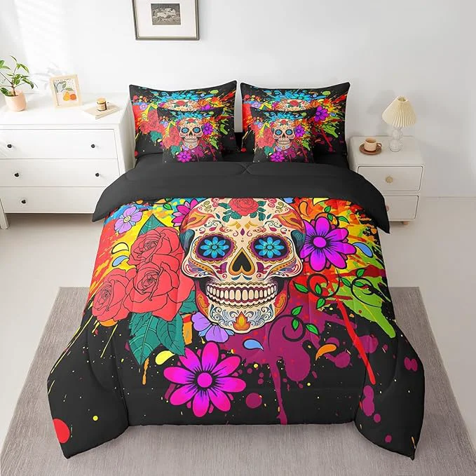 Fine Crafted Erosebridal Goth Sugar Skull Bed in a Bag King Size Comforter Set 7 Pieces Rainbow Tie Dye Bedding Sets Bohemian Flowers Sheet Set with Comforter Eco-Friendly