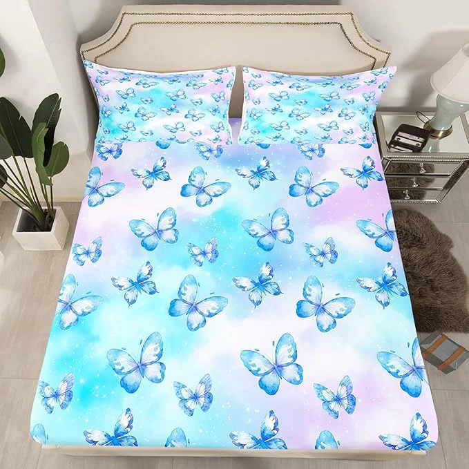 Enhanced Erosebridal Pink Blue Butterfly Sheets for Boys Girls Watercolor 3D Printed Fitted Sheet Purple Colorful Rainbow Kids Bedding Sets Fantasy Dreamy Princess Bed Sets Full 3 Piece Recyclable