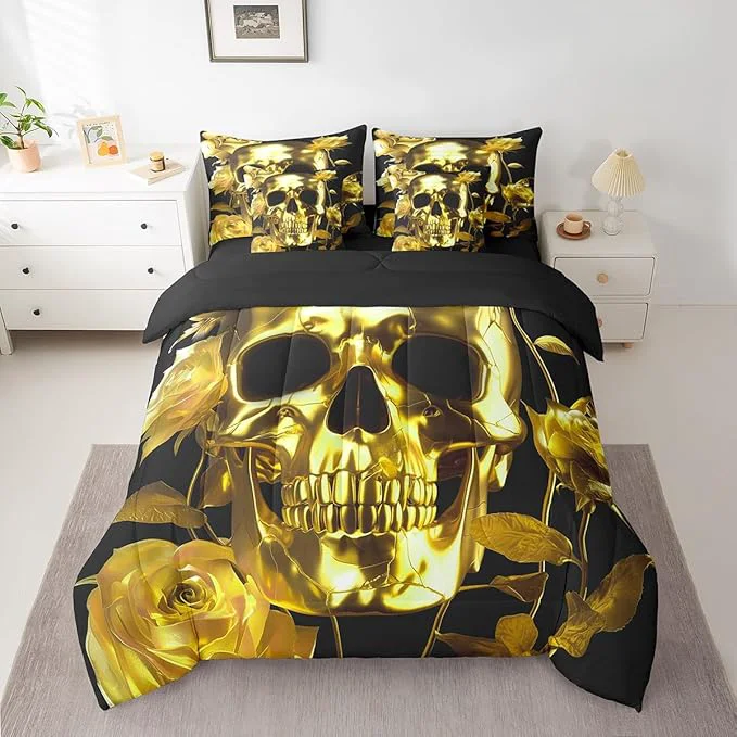 Authentic Erosebridal Gold Sugar Skull Bed in a Bag King Size Comforter Set 7 Pieces Gothic Skeleton Bedding Sets Rose Flowers Sheet Set with Comforter Effective