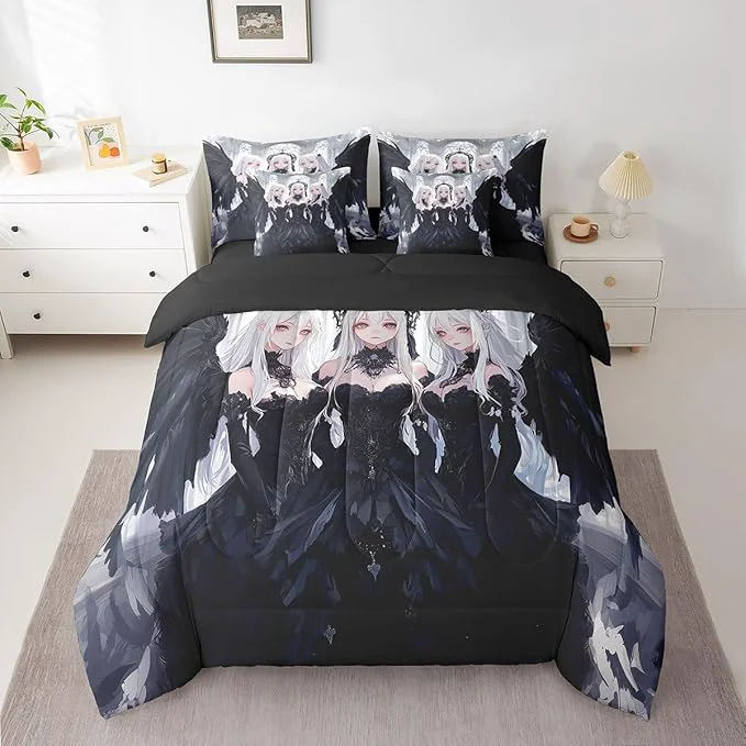 Sophisticated Erosebridal Japanese Anime Bed in A Bag Queen Comforter Set 7 Piece Anime Girl Bedding Sets Kawaii Japanese Style Sheet Set with Comforter Cartoon Japan Animation Bedroom Decor Black Specialty