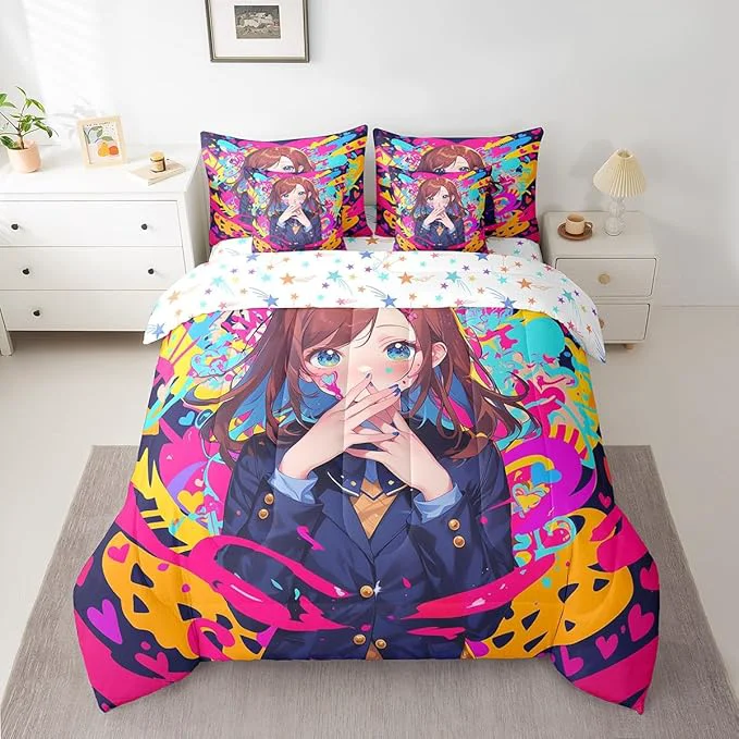 Fashionable Erosebridal Anime Girl Full Bedding Set 7 Piece Japanese Anime Comforter Set for Kids Girls Teens Adult Bedroom Cartoon Girl Comforter Sets with Sheet Kawaii Japanese Animation Bed in A Bag Breathable