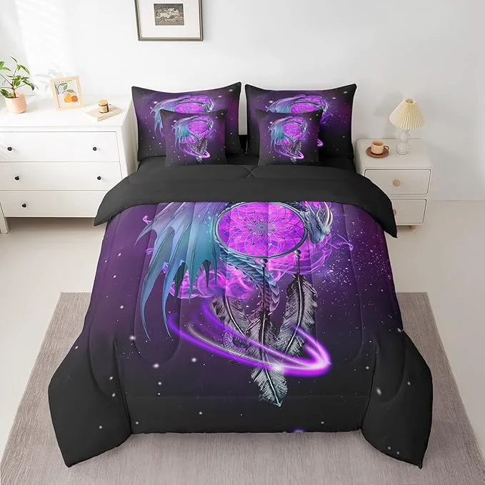 High-Performance Erosebridal Gothic Dragon Dream Catchers Comforter Set 7 Piece Bed in a Bag Twin Purple Galaxy Bohemian Feather Bedding Sets Antique Animal Pterosaur Sheet Set with Comforter Original Design