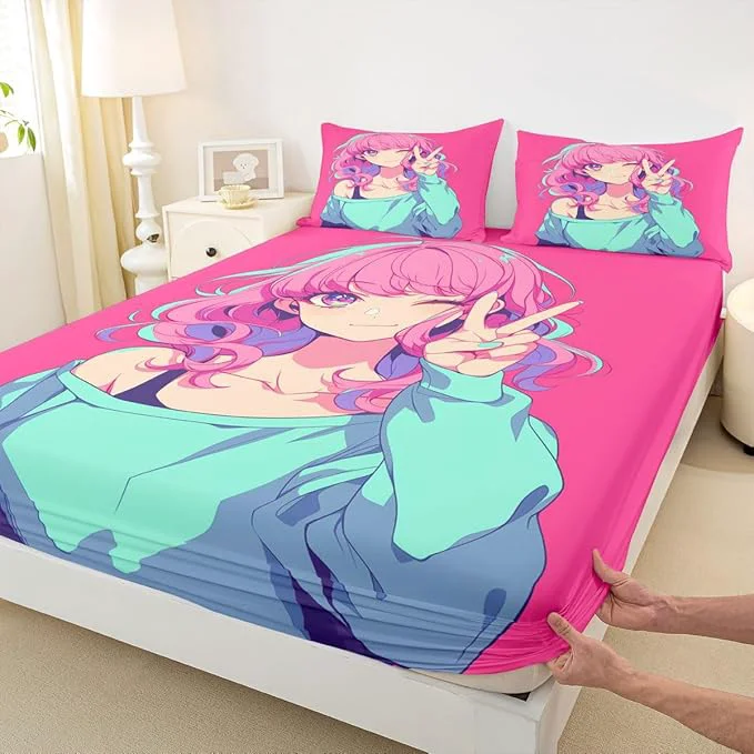 Smooth Japanese Anime Bedding Set 3D Anime Girl Fitted Sheet Kawaii Japanese Style Bed Sheets Cartoon Uniform Girl Sheets Hot Pink Room Decor Full 3Pcs 1 Fitted Sheet 2 Pillowcases No Top Sheet Official