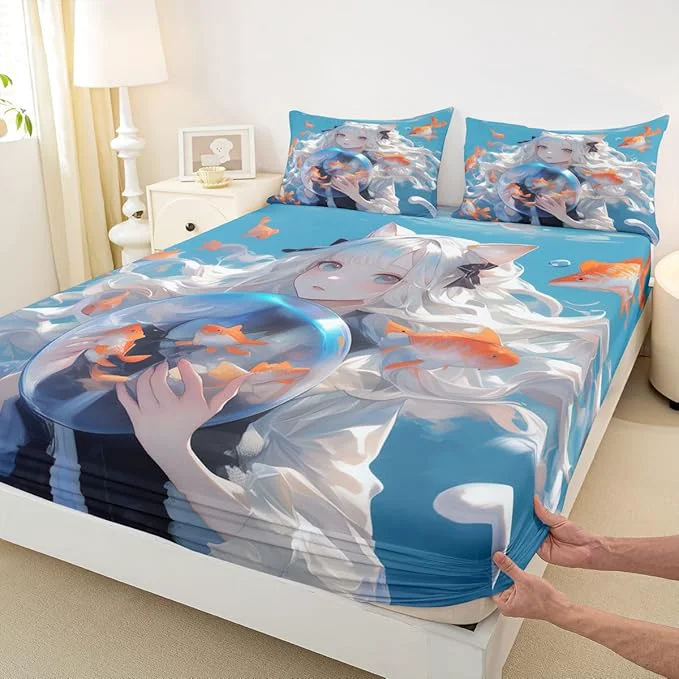 Durable Japanese Girl Fitted Sheet 3D Anime Printed Design Bed Sheets for Kids Girls Boys Anime Gifts Bedding Sets Cartoon Design Sheets Kawaii Anime Girls Decorations Sheets Full 3Pcs Lightweight