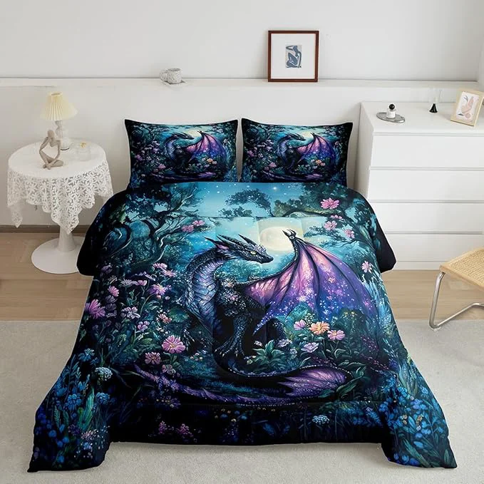 Lightweight Feelyou Dragon Comforter Set King Size Dragon Stuff Comforter for Boys Girls Teens Wild Life Bedding Set Jungle Dragon Duvet Set Room Decor Balck Blue Quilt Set User-Friendly