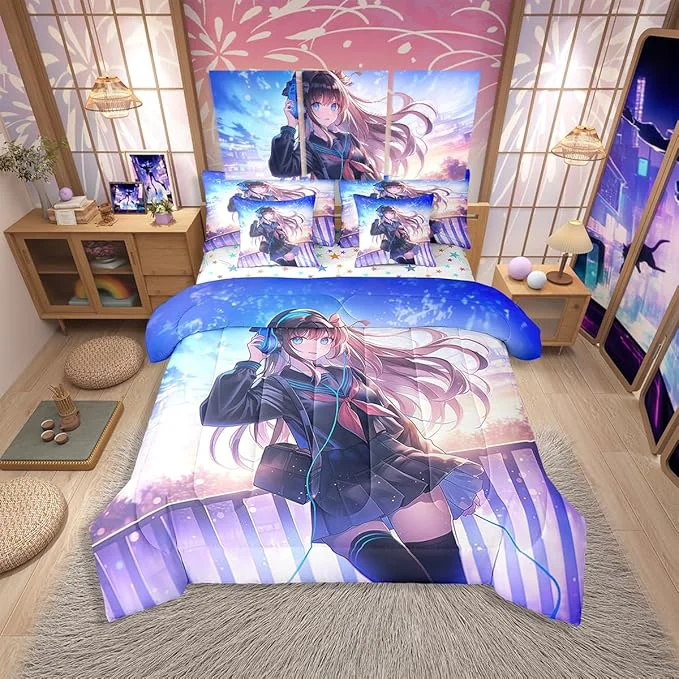 Smart Erosebridal Anime Girl Comforter Set Twin Size 7 Piece Japanese Anime Bedding Set with Sheet Set for Kids Boys Teens Bedroom Decor Cartoon Girl Bed in A Bag Kawaii Japanese Animation Decor Fine