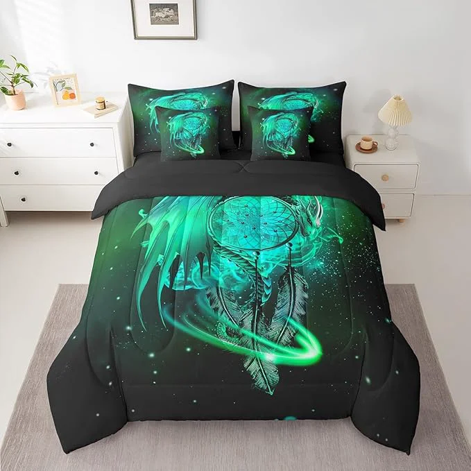 Authentic Erosebridal Gothic Dragon Dream Catchers 7 Piece Comforter Set Full Bed in a Bag Light Green Galaxy Bohemian Feather Bedding Sets Antique Animal Pterosaur Sheet Set with Comforter Verified