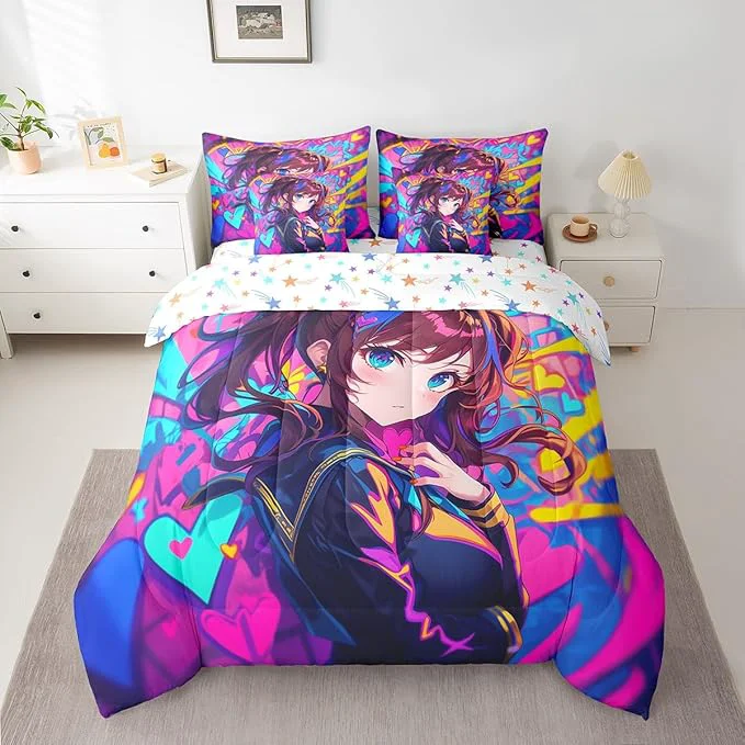 Innovative Erosebridal Anime Girl Twin Comforter Set 7 Piece Japanese Anime Bedding Set for Kids Girls Teens Adult Bedroom Cartoon Girl Bed in A Bag Kawaii Japanese Animation Sheet Set Purple Comfortable