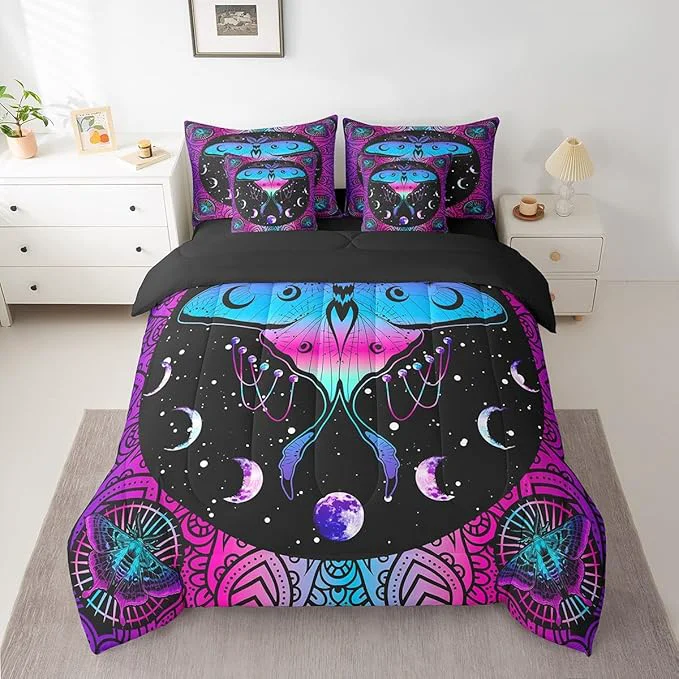 Reliable Erosebridal Exotic Moth 7 Piece Comforter Set Full Bed in a Bag Sun and Moon Bedding Sets Bohemian Flowers Sheet Set with Comforter Flexible