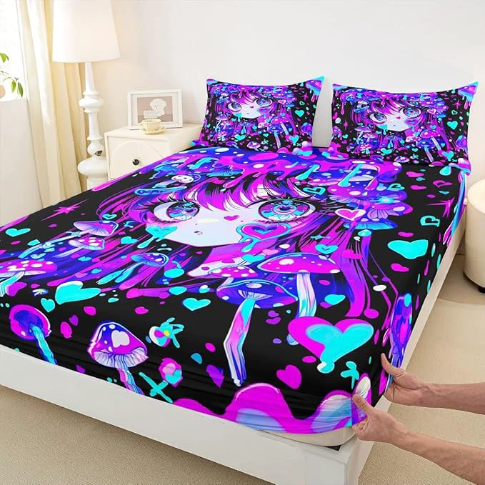 Functional Erosebridal Japanese Girl Fitted Sheet for Boys Girls Kids Cartoon Girly Full Bed Sheets 3D Anime Gifts Sheets Colorful Graffiti Print Bedding Sets No Top Sheet Eco-Friendly