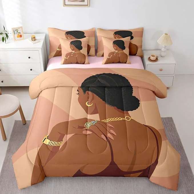 Refined Fashion Black Woman Sheet Set With Comforter King Size Romantic Makeup Themed Girls 7 Piece Bedding Set Fashionable Gorgeous Comforter Sets Vogue Afro Girls Bed In A Bag For Kids Teens Adult Bedroom Top-Quality