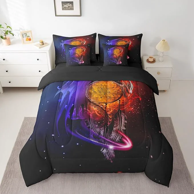 Selected Erosebridal Gothic Dragon Dream Catchers Bed in a Bag King Size Comforter Set 7 Pieces Red Blue Galaxy Bohemian Feather Bedding Sets Antique Animal Pterosaur Sheet Set with Comforter High-Quality
