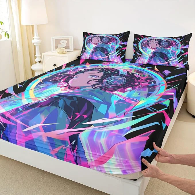 Minimalist 3D Anime Girl Bed Sheets American Street Culture Fitted Sheet Full for Teens Youth Girls Watercolor Graffiti Style Bedding Set Galaxy Stars Print Sheets with 2 Pillow Cases No Flat Sheet Top-Quality