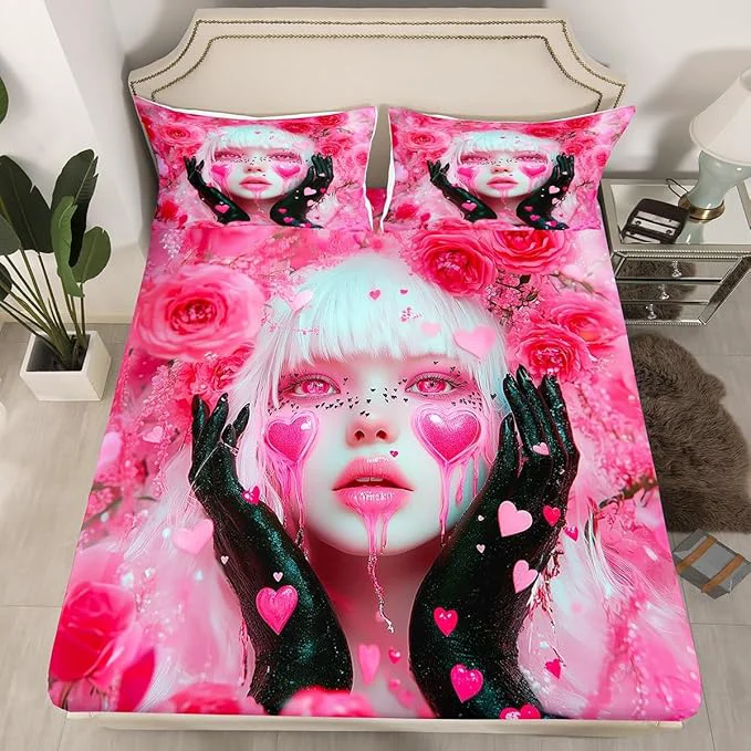 Fashionable Erosebridal Anime Pink Fitted Sheet Kawaii Girl Kids Bedding Sets for Girls Romance Rose Modern Lady Bed Sheets Romantic Japanese Girl Sheets with Love Hearts Full with 2 Pillowcases Pure