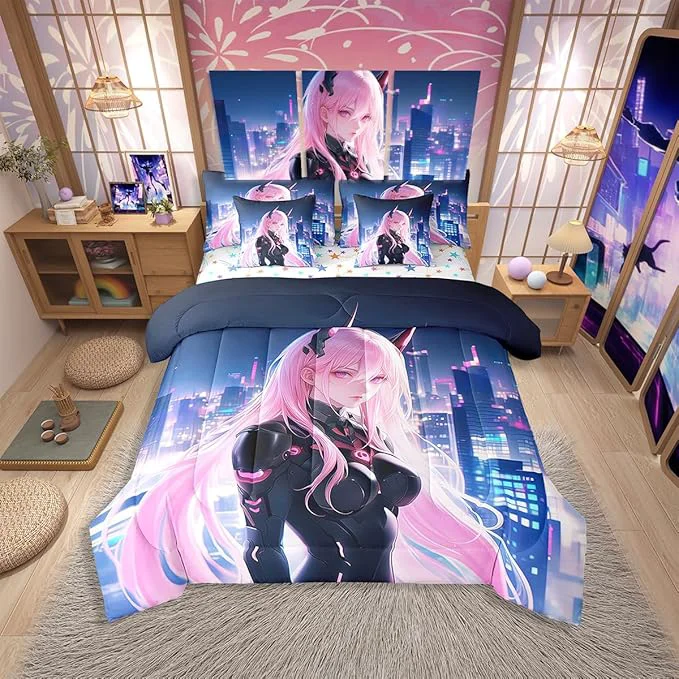 Functional Erosebridal Japanese Anime Bed in A Bag with Sheets Full Anime Girl Comforter Set 7 Piece Kawaii Japanese Style Bedding Set Cartoon Japan Animation Bed Set for Boys Teens Adult Women Bedroom Professional