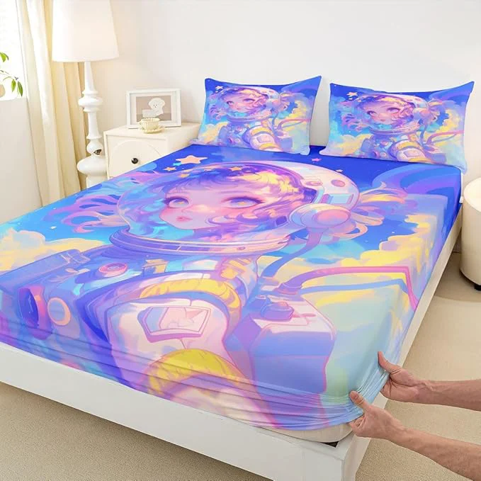 First-Class Erosebridal Watercolor Anime Girl Bedding Set 3D Anime Fitted Sheet 3Pcs Cosmo Galaxy Sci-Fi Virtual ity Sheets for Boys Girls Graffti Stars Print Bed Sheets Queen No Top Sheet Original Design
