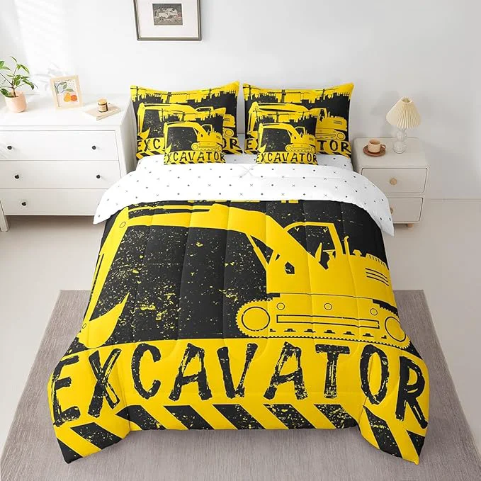 Fine Erosebridal Excavator Bed in a Bag King Size Comforter Set 7 Pieces Construction Vehicle Bedding Sets Big Wheel Car Sheet Set with Comforter Breathable
