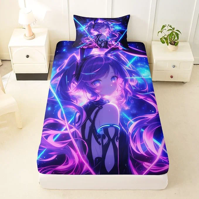 Powerful Erosebridal 3D Anime Twin Bed Sheets Japanese Girl Fitted Sheet Girly Galaxy Stars Kids Bedding Sets Purple Neon Sheets with 1 Pillowcase Outstanding