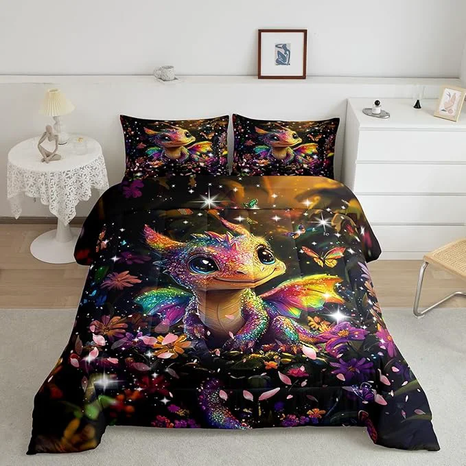 Relaxed Feelyou Dragon Comforter Set King Size Dragon Stuff Comforter for Boys Girls Teens Shiny Flower Bedding Set Dragon Decor Duvet Set Room Decor Carbon Black Quilt Set Pure