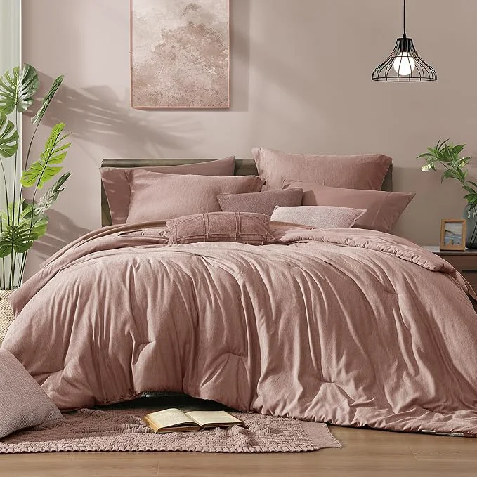 Crafted Monbix Full Size Comforter Set-7 Pieces Dusty Pink Cationic Dyeing Bed in a Bag Full Bedding Sets with Comforter Sheets Pillowcases amp Shams All Season Reversible Bedding Comforters Easy-to-Use