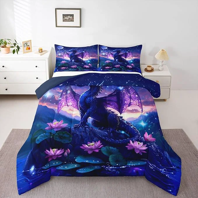 Selected Feelyou Dragon Kids Comforter Set Queen Size Dragon Stuff Bedding Set Wild Life Duvet Quilt for Kids Boys Girls Bedroom Wildlife Decor Purplish Microfiber Ultra Soft Breathable Natural