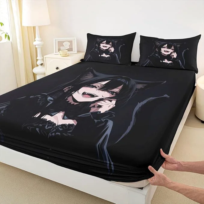 Relaxed Erosebridal Anime Girl Queen Bed Sheets 3D Japanese Fitted Sheet Gothic Style Cat Girls Kids Bedding Sets Cool Anime Gift Sheets with 2 Pillowcases Breathable