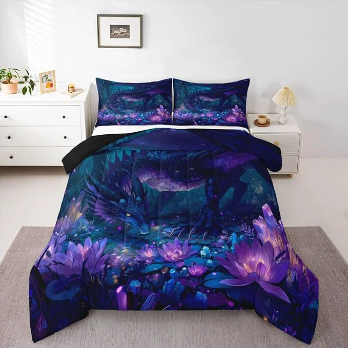 Smart Feelyou Dragon Comforter Set Twin Size Dragon Stuff Bedding Set for Kids Boys Girls Wild Life Duvet Quilt Wildlife Bedroom Decor Purple and Black Microfiber 2 Pcs with 1 Pillow Cases Lightweight
