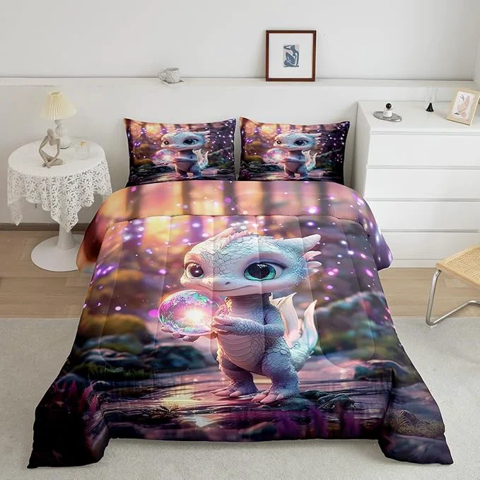 Quality Feelyou Dragon Comforter Set Toddler Size Cute Comforter for Boys Girls Teens Wild Life Bedding Set Dragon Decor Duvet Set Room Decor Pink Purple Quilt Set Durable