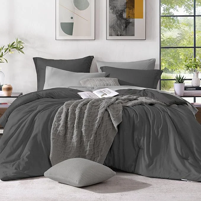Trendy Monbix King Size Comforter Set Dark Grey King Size Bed Set Reversible 7 Pieces Cationic Dyeing Bed in a Bag with Comforter Sheets Pillowcases amp Shams Consistent